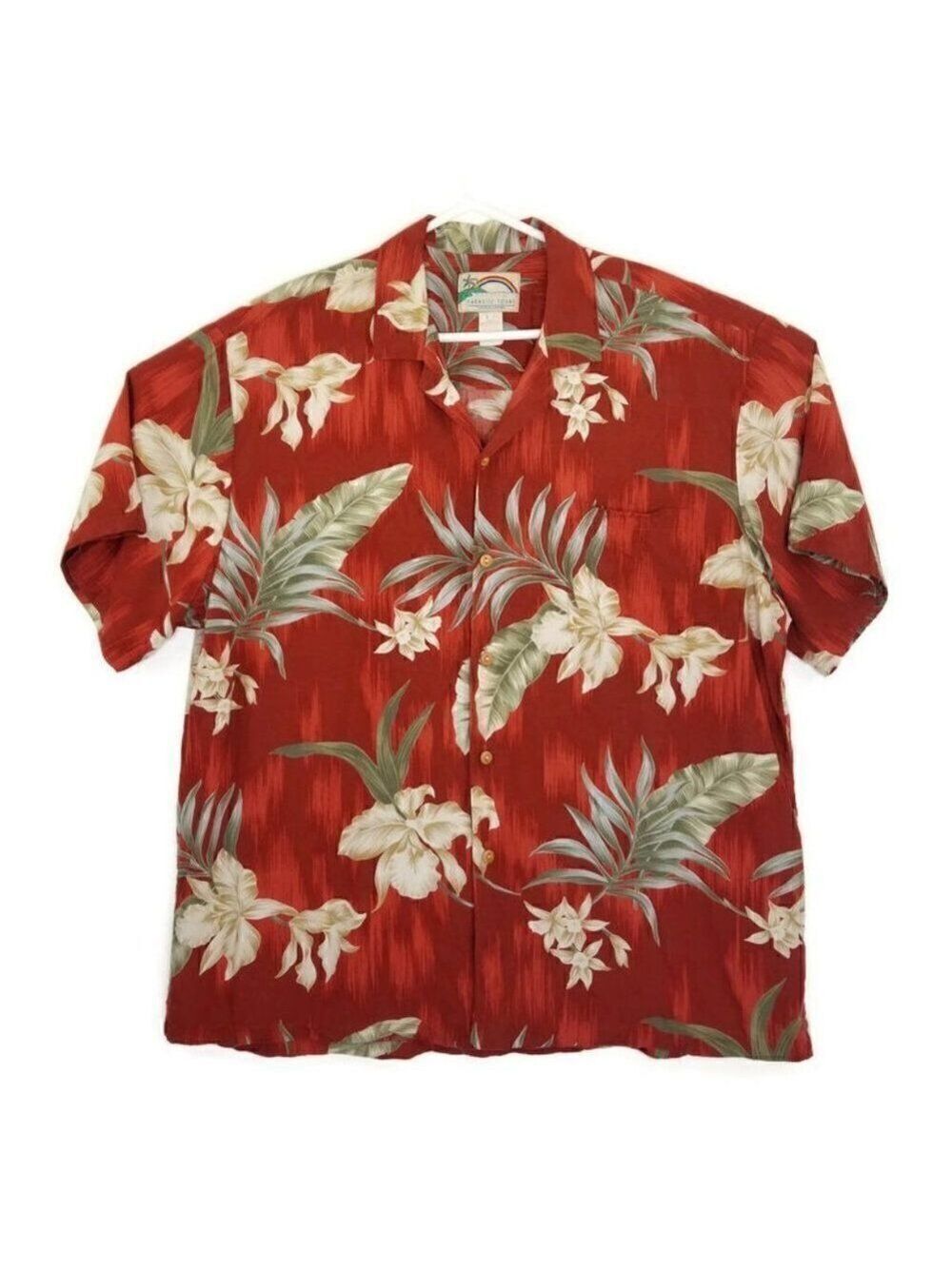 Vtg Paradise Found Mens XL Red Rayon Floral Button Up S/S Hawaiian Shirt USA